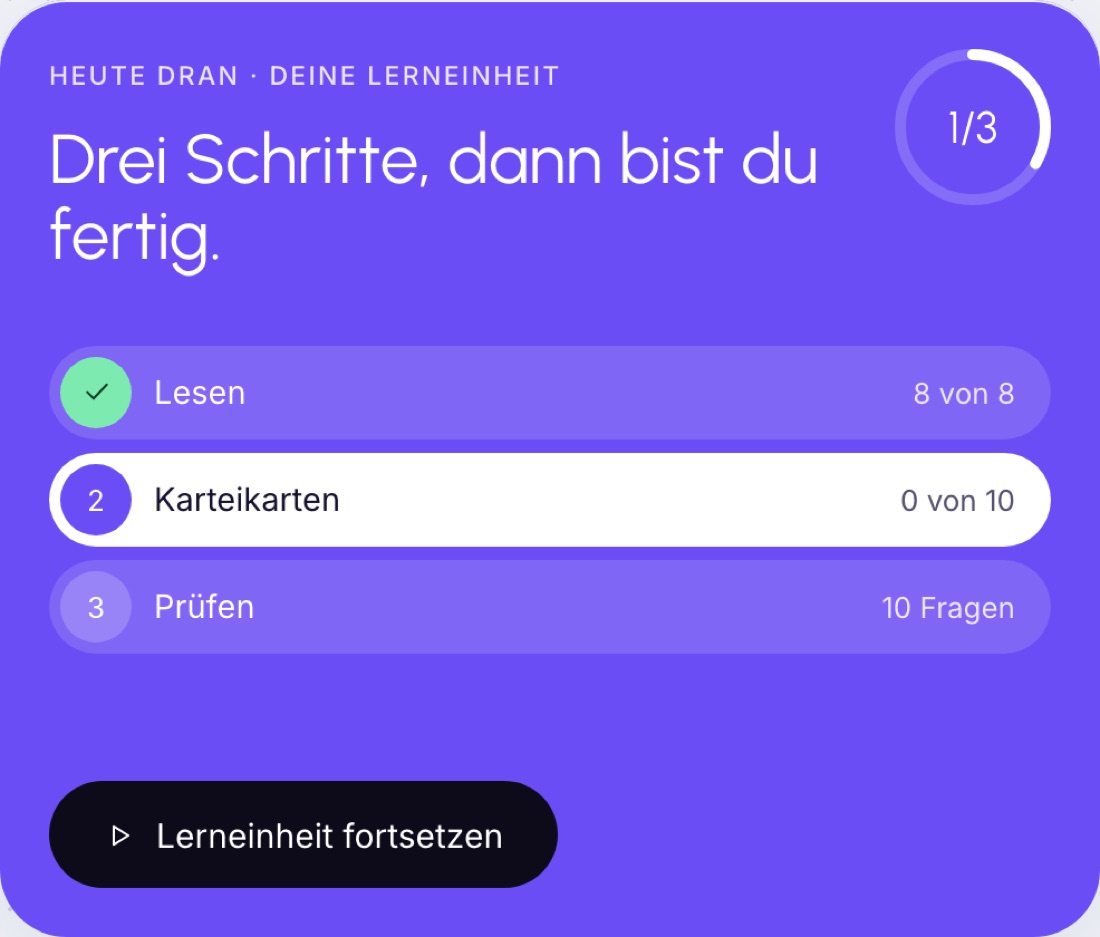 Ausschnitt der App: Heute dran, drei Schritte mit Ring