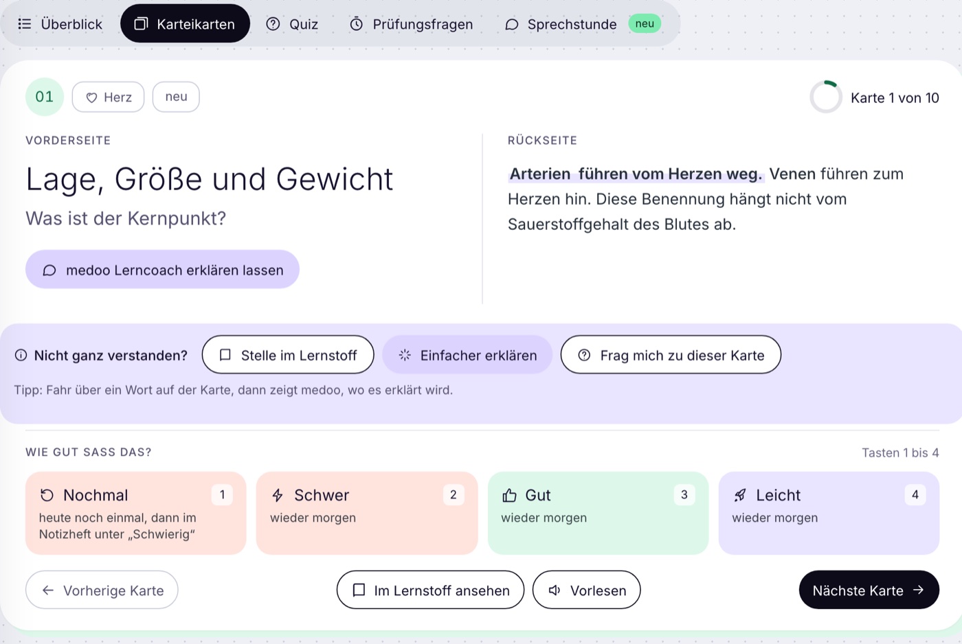 Ausschnitt der App: Karteikarte mit Bewertung Nochmal, Schwer, Gut, Leicht