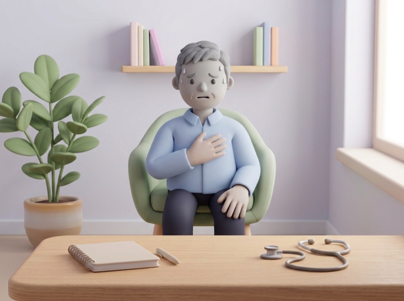 Illustration: ein virtueller Patient sitzt im Sessel einer hellen Praxis und hält die Hand auf die Brust