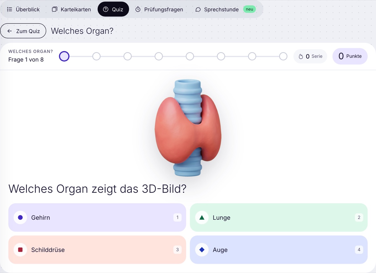 Ausschnitt der App: Quiz Welches Organ mit einem 3D-Organ und vier Antworten